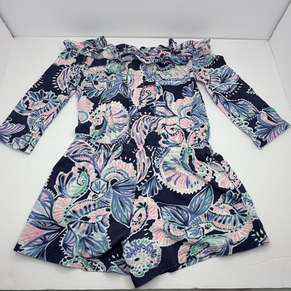 Lilly Pulitzer Girls Ruffle Romper Pink Blue Floral Size S 4/5 Holy Flockamolie - Picture 2 of 12